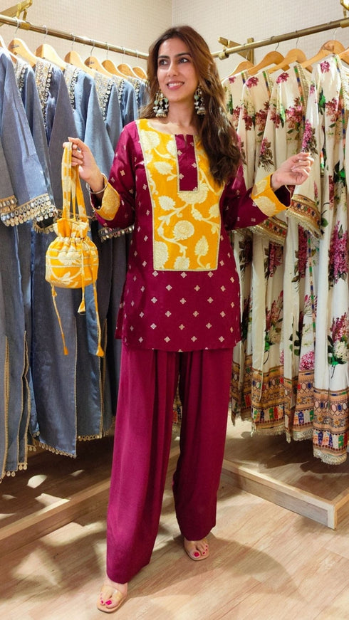 Maroon Jacquard Silk Farshi Set with Potli